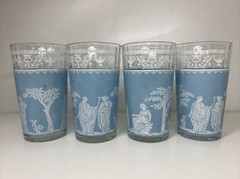 Set of 4 Vintage Jeannette Roman Greek Hellenic Blue Glasses 5″