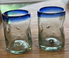 2 Hand Blown pontil mark Mexican Shooter/Sipping Glasses Cobalt Rim Heavy Dimple