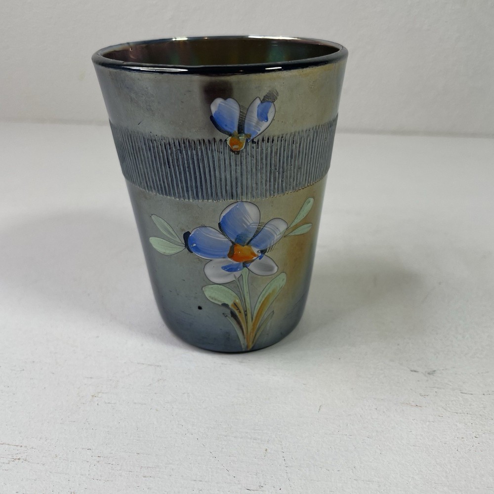 Fenton Colbalt Blue Carnival Glass Cup 4″ Single Tumbler Hand Painted Flower