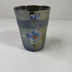 Fenton Colbalt Blue Carnival Glass Cup 4″ Single Tumbler Hand Painted Flower
