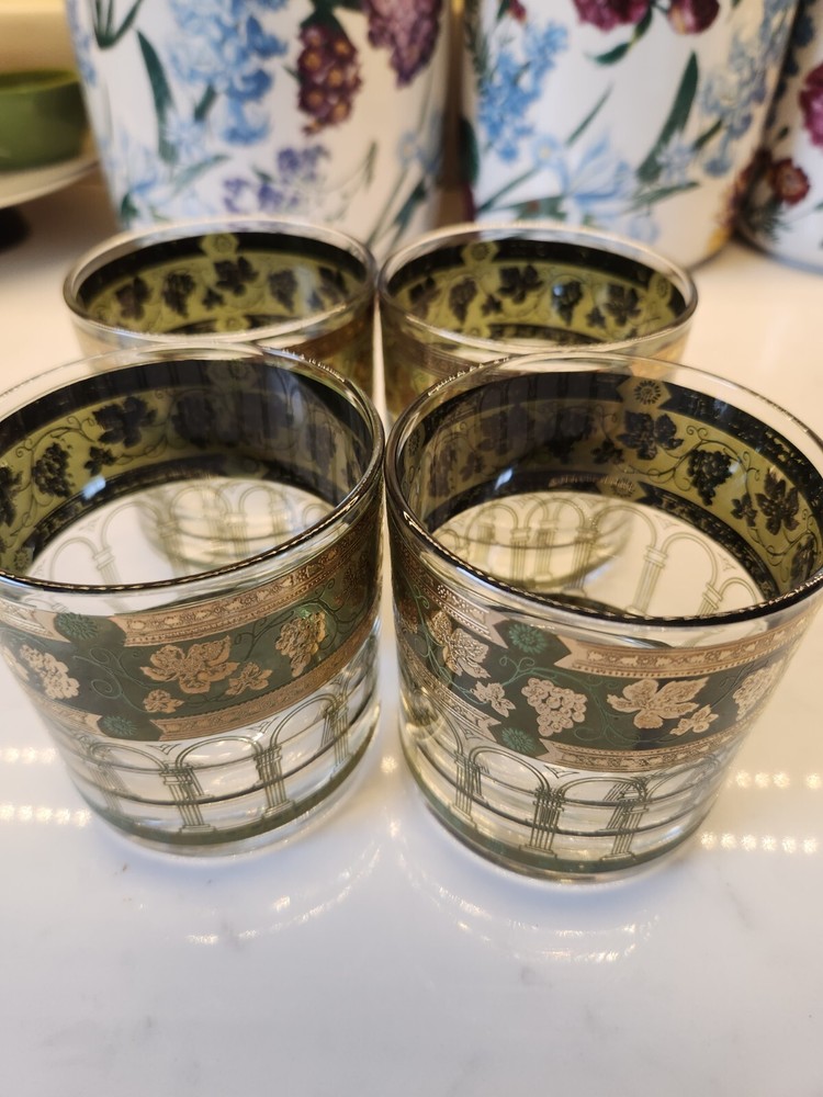 Vintage Cera ‘Golden Grapes’ Green Rocks Glasses 22-Karat Gold MCM 3.5 inches