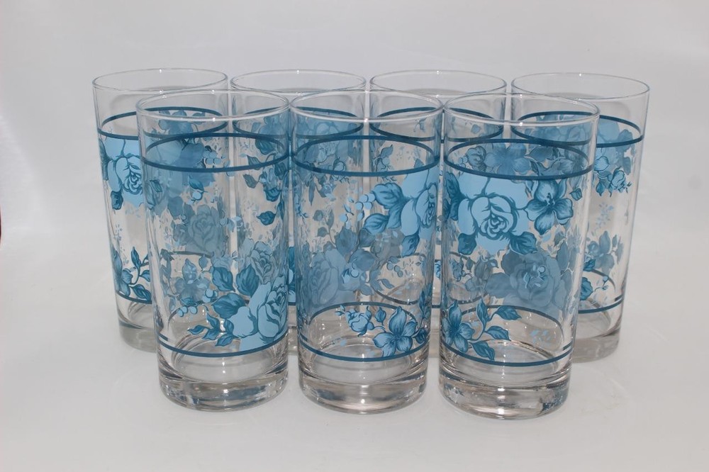 SET OF 7 CORELLE BLUE VELVET ROSE 6″ GLASS TUMBLERS-16OZ