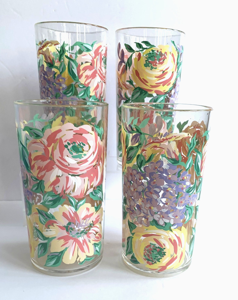 VINTAGE Acrylic High Ball Floral Drinking Glasses Tumblers 19 OZ NEW OLD STOCK