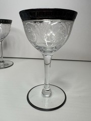 Vintage Etched Sherry Cordial Glasses Floral Silver Rim Cocktail Stemware Set