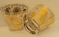 VTG Georges Briard 22kt Gold/Green Paisley Old Fashion Glasses Set of 2