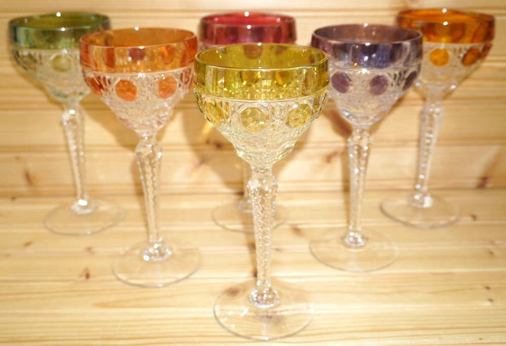 6-Cut To Clear Wine Hock Glasses, 7 3/8″ Orange Purple Green Red Gold Yello(G50)