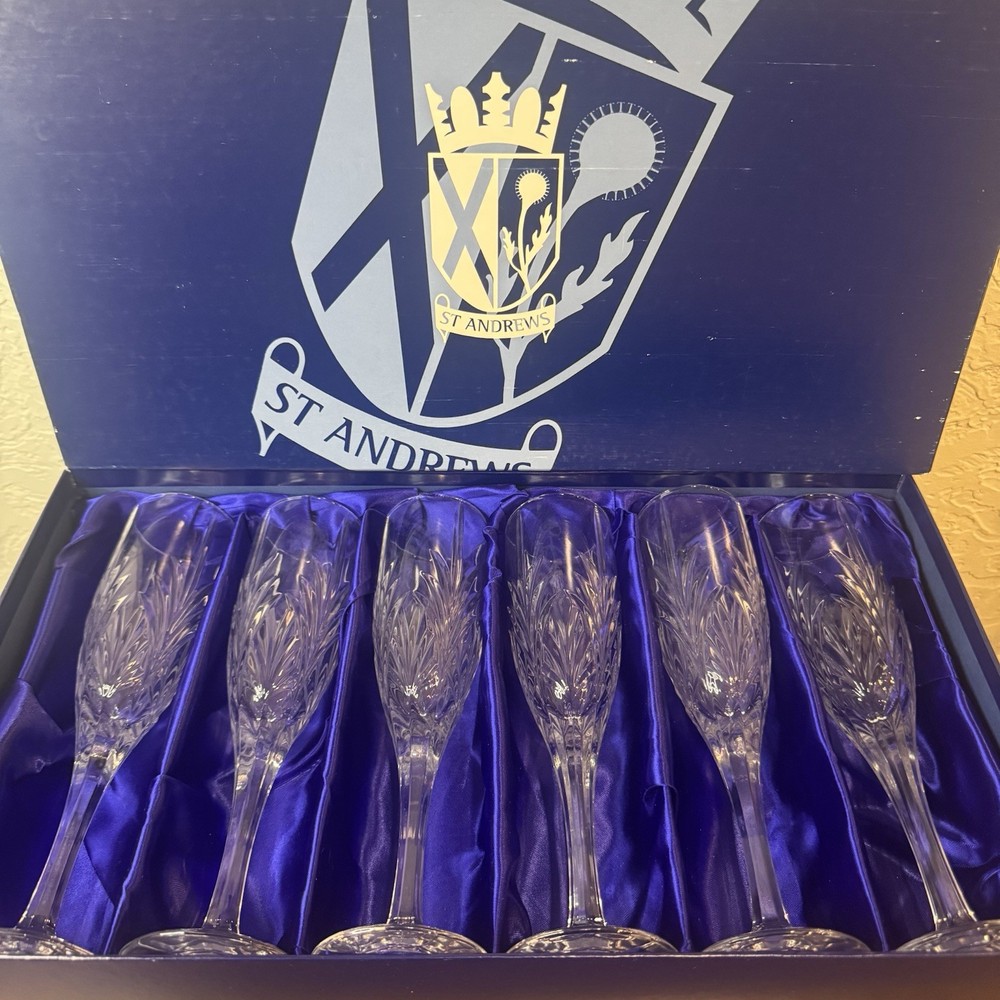 vtg Royal Doulton Cisier Cut Crystal Champagne Flutes St Andrews Boxed Czech NEW