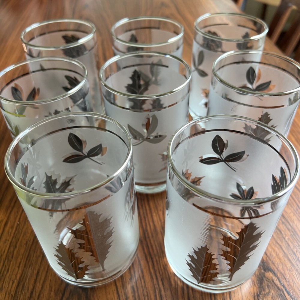 8 Mid Century Glasses Tumblers Metallic Libbey Vintage Frosted Leaf Silver 4.5″