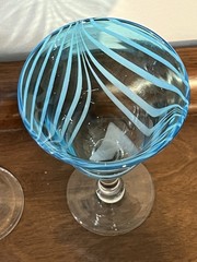 Hand Blown Glass Wine Water Goblets Blue Teal White Swirl Pattern Set of 2