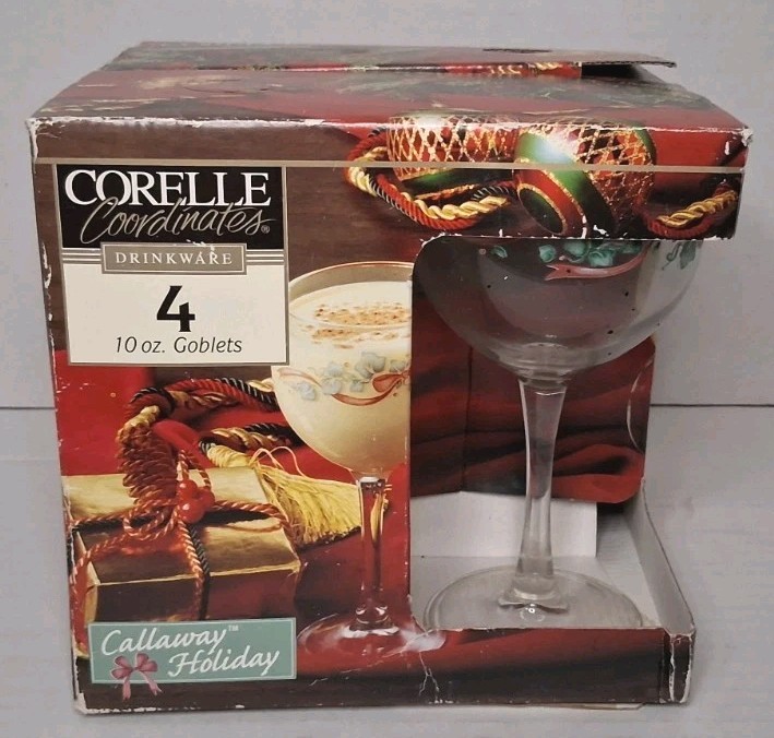 Corelle Callaway Holiday Ribbon Goblets Set 4 Glassware 6.5″ Pre-owned In Box