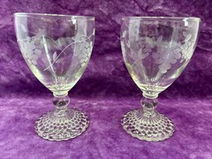 Vintage Wine Glasses Grape Etched Glass Bubble Foot Set Of Two