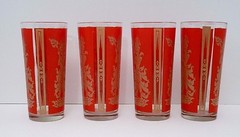 Boho Culver Glass 1960s Red Gold High Ball Set 4 Mid Century Thai Hindu Goddess