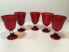 VTG Ruby Red Hand Blown Bubble Crystal Goblets Red Top & Base Bubble Stem (5)