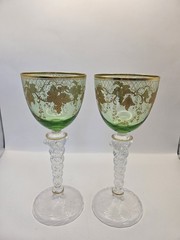 ANTIQUE MOSER TWIST STEM GOBLET GLASS GOLD GILT Green Grapes Leaves Art Nouvea