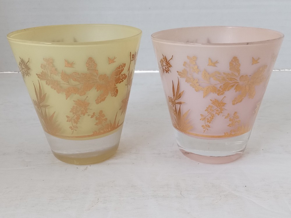 WILLIAM MEIER Half Rocks Glasses 2 Frosted PINK YELLOW Cocktail Glass SIGNED