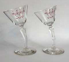 (2) 50’s Novelty Bar Glasses, Crooked Stem «Tipsy» Cocktail Glasses w/ Faces