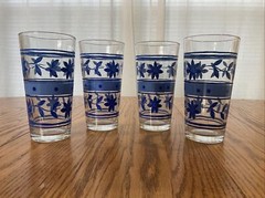 Vintage Kig Glass Indonesia Royal Blue Floral Stripes Tumblers Drinking 4 12 Oz