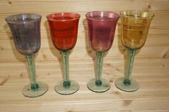 Blue, Red, Pink, Yellow (4) Wine Goblets, 8 1/2″ Hand Blown w/ Green Stem (G34)