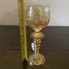 Hand Enameled White & Gold Floral Orange Luster Hock Wine Glass 7.5 Inches Tall