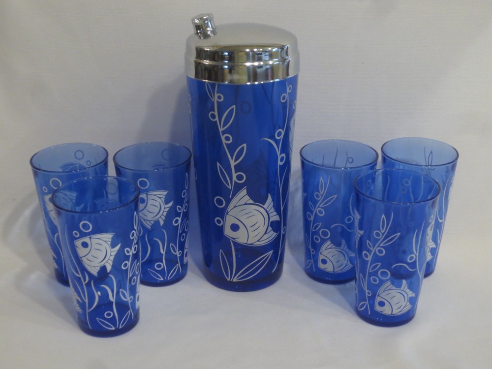 HAZEL ATLAS ANGEL FISH RITZ BLUE COCKTAIL SHAKER & 6 TUMBLERS