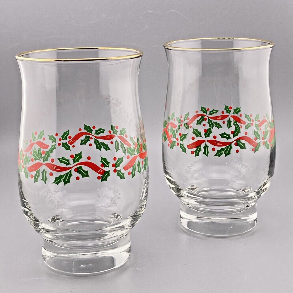 (2) Libbey Holly Ribbon Glasses Tulip Shape Tumblers Intact Gold Rims Vintage