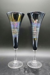 Set/2 Romeo Black Glass Rainbowspun 8oz Champaign Flute Glasses 9.5″ Signed