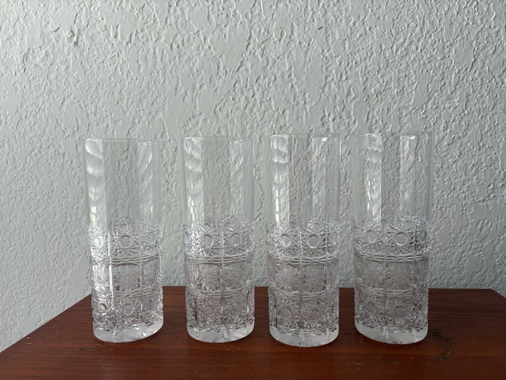 4 Vintage Hobstar Clear Elegant Cut Crystal Highball Tumblers / Water Glasses
