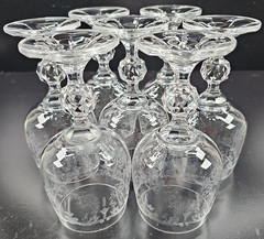 7 Import Assoc Cascade Wine Glass Set Vintage Floral Etch Cut Stemware Retro Lot