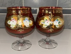 Vt Bohemian Czech Ruby Red Cordial Glasses, Hand Painted Enamel Floral, Pair