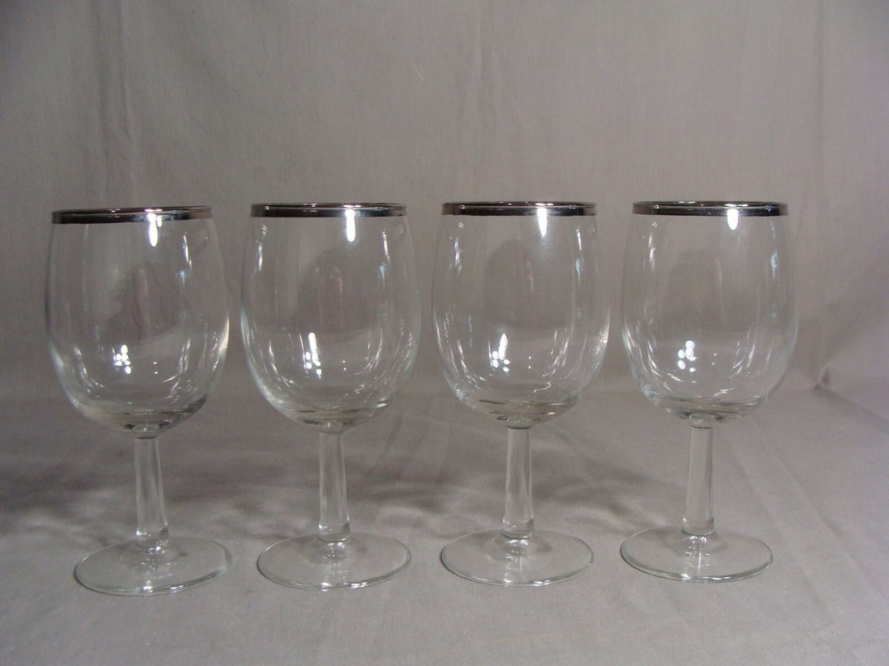 4 CRYSTAL 10 Oz Clear Stemmed Wine Glasses With Platinum Rim