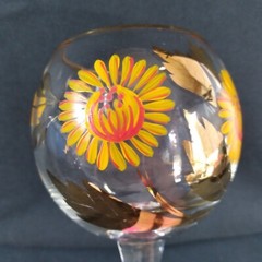 Vintage Romanian Hand-Painted 6 oz Wine Glass Yellow Gold Floral