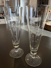 MCM Arcadia Crystal Orlean Wheat/Floral Etched Pilsner Footed Glasses-Set Of 2
