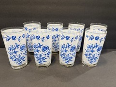 Vintage Floral Arnart Blue Onion Tumblers Frosted White on Clear Glass Set of 6