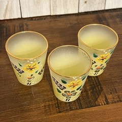 Vintage Set of 3 – Hand Painted Floral Light Yellow Blendo Shot Glasses – Retro