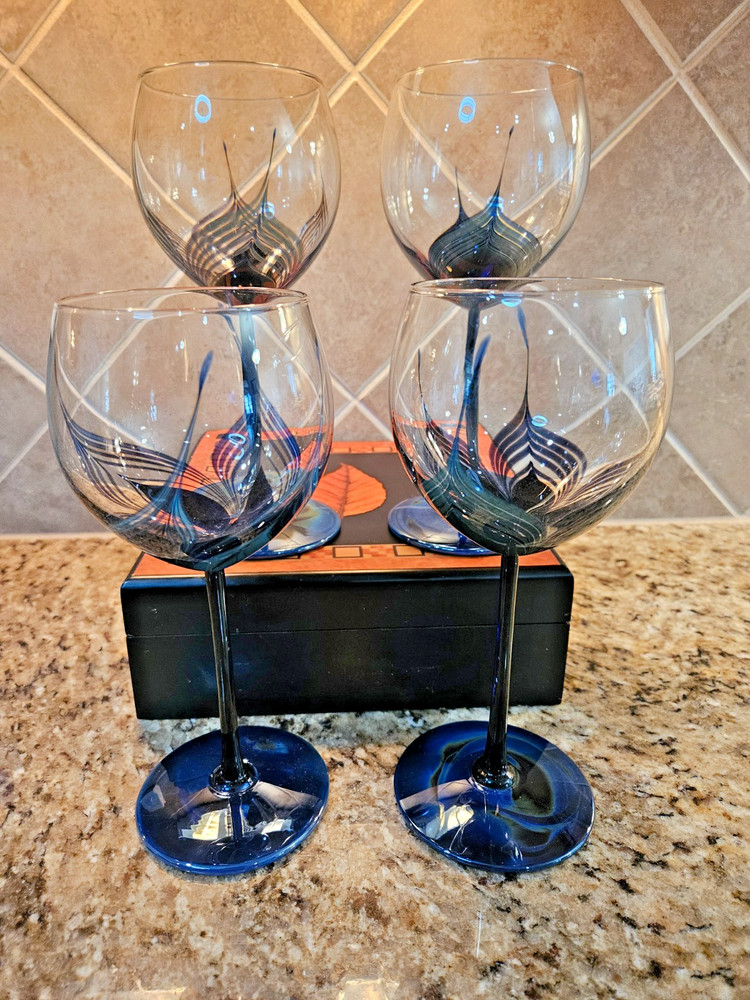 SET OF 4 Randy Strong Hand Blown Wine Glasses Signed TAGGED AND DATED 1979
