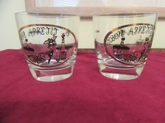 Black and Gold Old Fashion Glasses. Bon Appetit and Champange print, 2 glasses