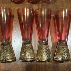 Vintage Timon Collizione Cranberry Red Glassware With Gold Leaf Designs Set 14
