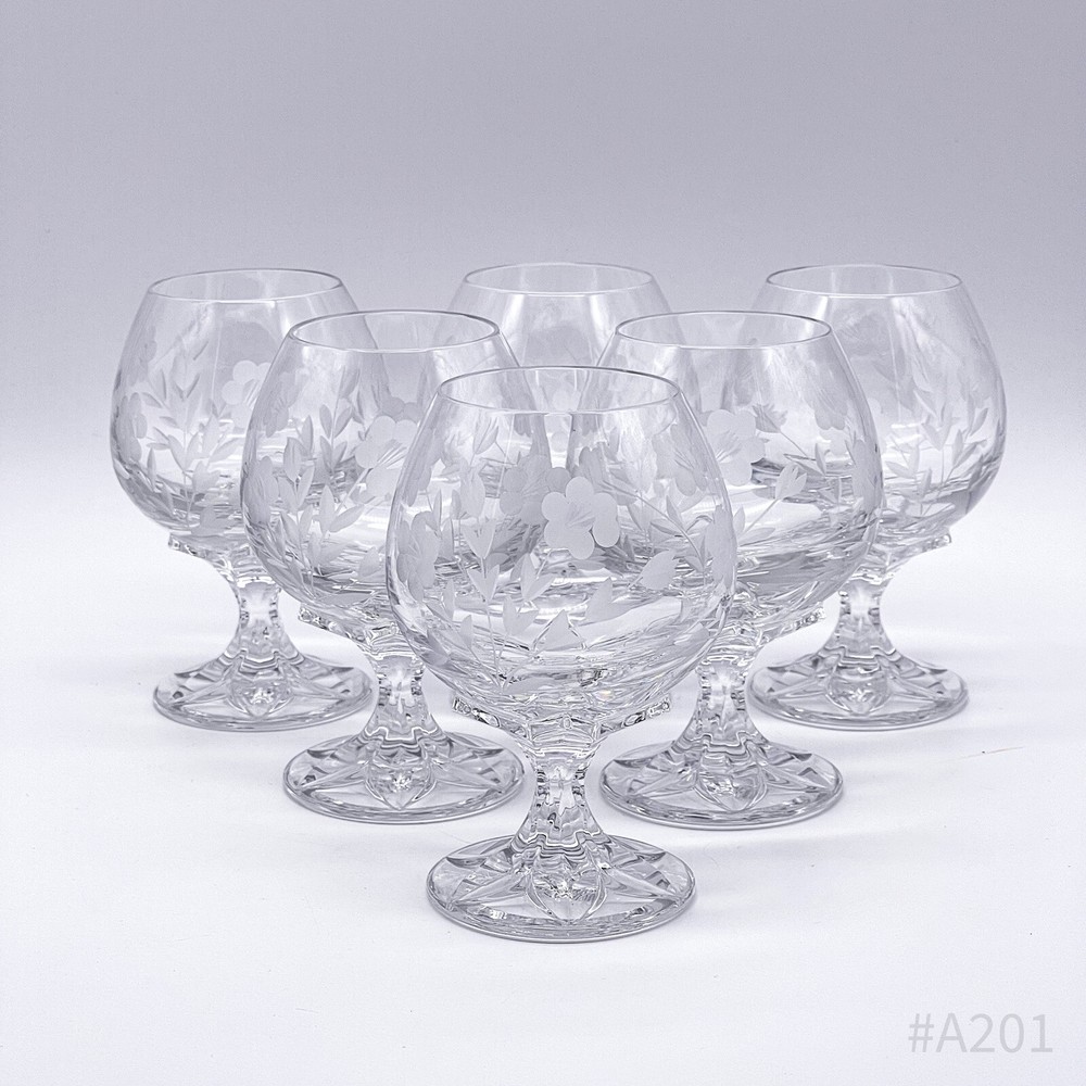 6x Vintage Crystal Glass Cognac Glass with Flower Decor, Cut 60s/70s