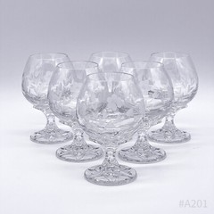 6x Vintage Crystal Glass Cognac Glass with Flower Decor, Cut 60s/70s