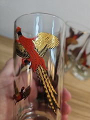 Vintage MCM Red Gold Ringneck Pheasant Tall Barware Glasses Set of 3