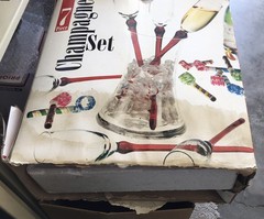Bouquet of 6 Baseless Champagne Toasting Flutes + Clear Holding Vase /Red Stems