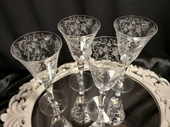 4 Cambridge CHANTILLY Lacy Needle Etch Optic Water/Wine Glasses Goblets Set