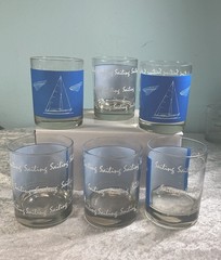 VTG Nautical Sailboat Yacht Glasses Blue Rocks Low Ball Coastal Barware Set of 6