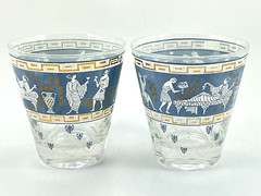 Vintage MCM Cera Etruscan Frieze Double Whiskey Low Ball Glass Barware