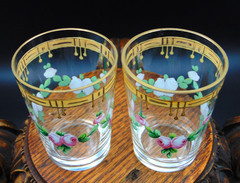 Antique European Crystal Hand Painted Enameled Rose Garland Schnapp Shot Glasses