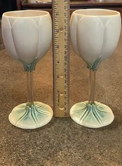2 Newman Ceramic Works Tulip Wine Goblets Unused Lovely Cream and Green Signed
