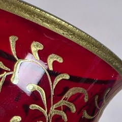 Vintage Bohemian Ruby Red Flashed with Gold tone filigree paint moriage Glass
