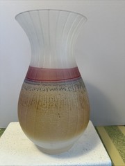VTG 1970 Rueven Hand Painted Nouveau Art Glass Vase 9.25” Ribbed Hand Fired UP39