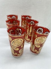 Vtg Set of 6 MCM Culver Red & 22k Gold Paisley Highball Glasses Tumbler Cocktail