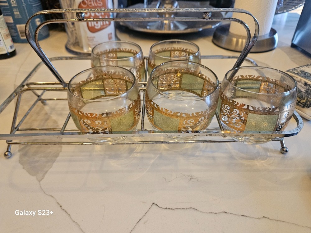 Set Of 5 VTG Culver Prado rolly polly Glasses In Green & Gold 8oz w caddy